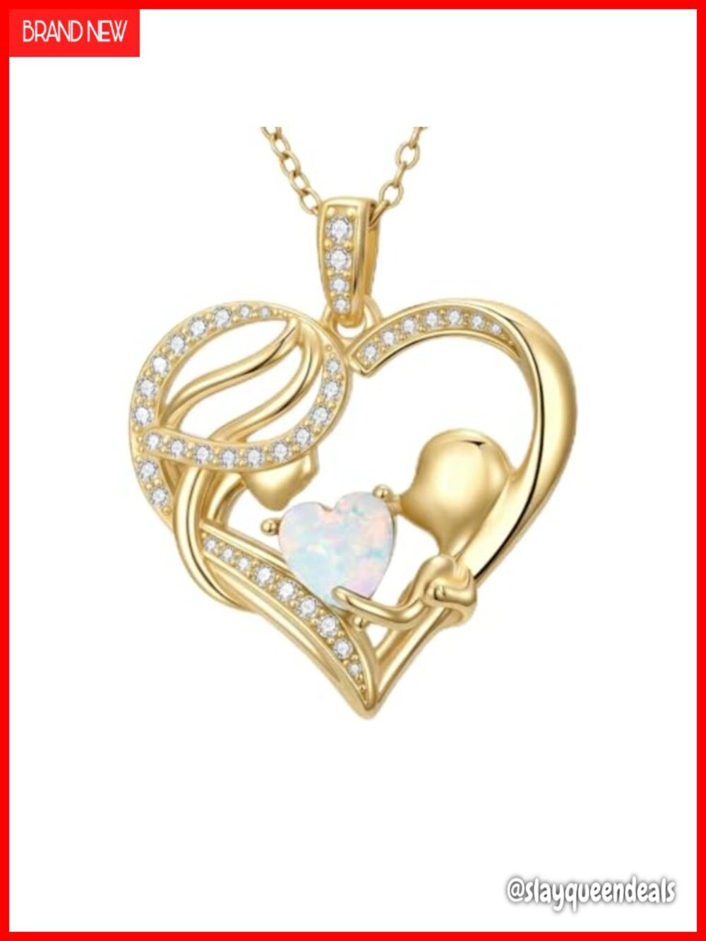 18K Gold Mom Birthstone Necklace Opal Heart Pendant Mother Daughter Gift